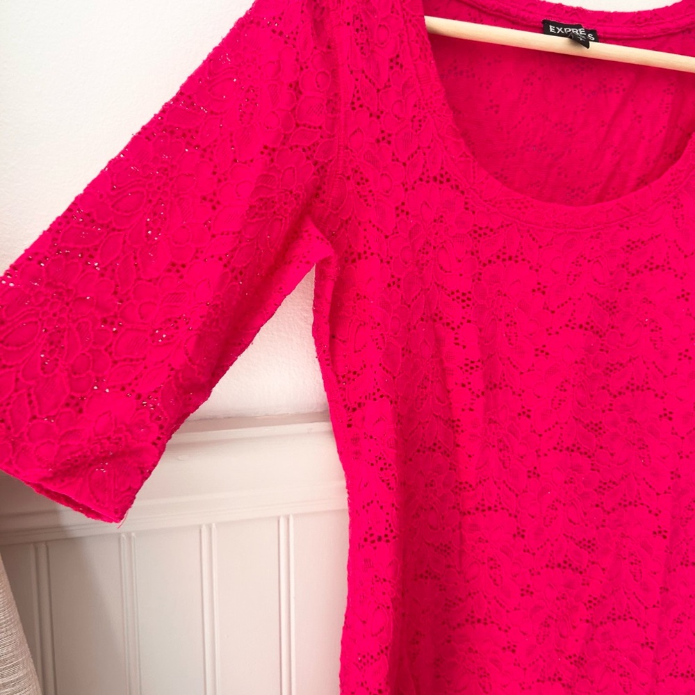 Y2K Express 3/4 Sleeve Lace Bright Magenta Pink Fitted Blouse Size Small - Picture 6 of 8